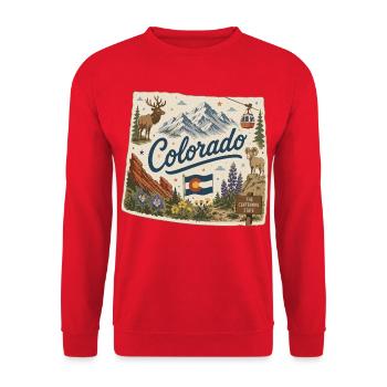 Vintage Colorado Rocky Mountains Kunstaufkleber - Unisex Pullover - Rot - Vorne - Alina (178cm) & Michal (187cm)