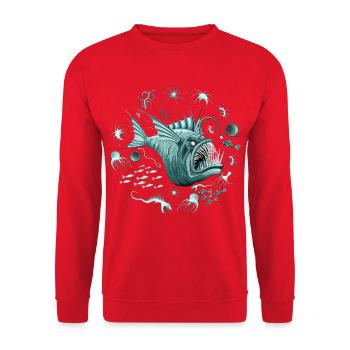 Fish Abyssal Monster in der Tiefseezone - Unisex Pullover - Rot - Vorne - Alina (178cm) & Michal (187cm)