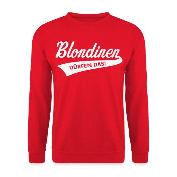 Blondinen Dürfen Das! (Blondine / Blond / V2White) - Unisex Pullover - Rot - Vorne - Alina (178cm) & Michal (187cm)