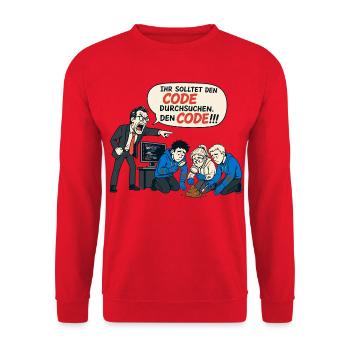 Ihr Solltet Den Code Durchsuchen – IT Humor - Unisex Pullover - Rot - Vorne - Alina (178cm) & Michal (187cm)