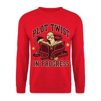 Plot Twist in Progress Bücherwurm - Unisex Pullover - Rot - Vorne - Alina (178cm) & Michal (187cm)