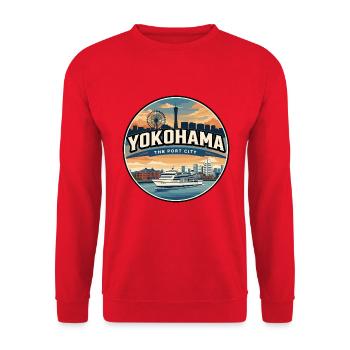 Retro Yokohama Harbor Travel Badge - Unisex Sweatshirt - red - Front - Alina (178cm) & Michal (187cm)