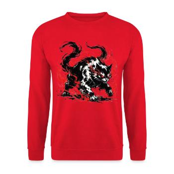 Nekomata Feral - Sumi-e Two-Tailed Cat Yokai - Unisex Sweatshirt - red - Front - Alina (178cm) & Michal (187cm)