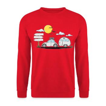 Wohnwagen mit Wunschtext  Perfekt für den Ruhestad - Unisex Pullover - Rot - Vorne - Alina (178cm) & Michal (187cm)
