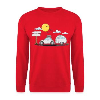 Wohnwagen mit Wunschtext – Perfekt für den Ruhesta - Unisex Pullover - Rot - Vorne - Alina (178cm) & Michal (187cm)