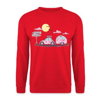 Auto mit Anhänger Pension Schild - Unisex Pullover - Rot - Vorne - Alina (178cm) & Michal (187cm)