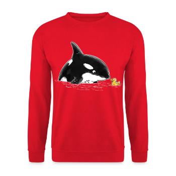 Orca und Entchen Wal Quietscheente Meeresäuger - Unisex Pullover - Rot - Vorne - Alina (178cm) & Michal (187cm)