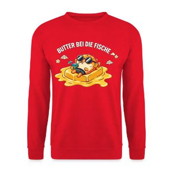 Butter bei die Fische – Lustiger Fisch Spruch - Unisex Pullover - Rot - Vorne - Alina (178cm) & Michal (187cm)