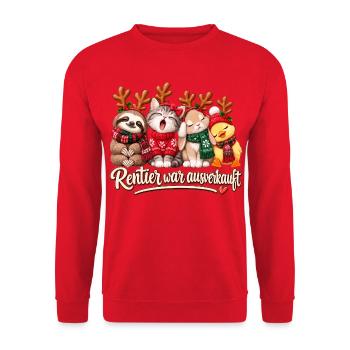 Rentier war ausverkauft – lustige Weihnachtstiere - Unisex Pullover - Rot - Vorne - Alina (178cm) & Michal (187cm)