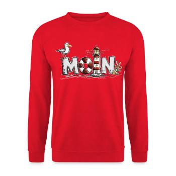 Moin – Möwe Leuchtturm Nordsee Küstenmotiv - Unisex Pullover - Rot - Vorne - Alina (178cm) & Michal (187cm)
