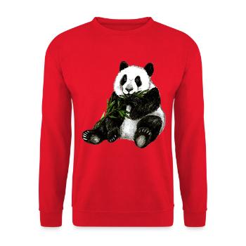 Handgemaltes Pandabär Design mit grünem Bambus - Unisex Pullover - Rot - Vorne - Alina (178cm) & Michal (187cm)