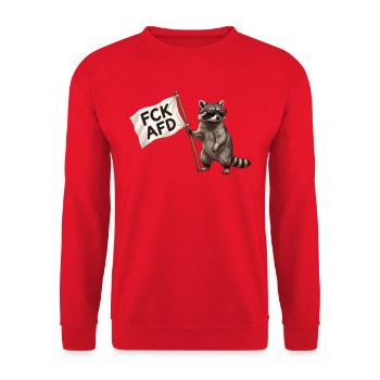 FCK AFD Waschbär mit Fahne - Cooles Protest Design - Unisex Pullover - Rot - Vorne - Alina (178cm) & Michal (187cm)