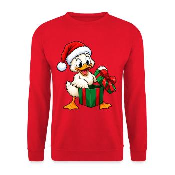 Ente mit Weihnachtsmütze beim Geschenkeöffnen - Unisex Pullover - Rot - Vorne - Alina (178cm) & Michal (187cm)