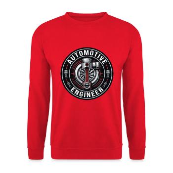 Kfz-Ingenieur-Turbo-Kolben-Abzeichen-Geschenk - Unisex Pullover - Rot - Vorne - Alina (178cm) & Michal (187cm)