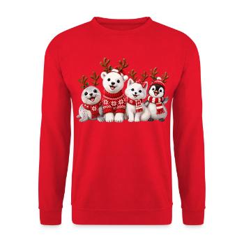 Fröhliche Weihnachtstiere mit Rentiergeweih - Unisex Pullover - Rot - Vorne - Alina (178cm) & Michal (187cm)