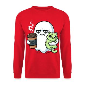 Halloween Kaffee Geist mit Zombie Katze - Unisex Pullover - Rot - Vorne - Alina (178cm) & Michal (187cm)