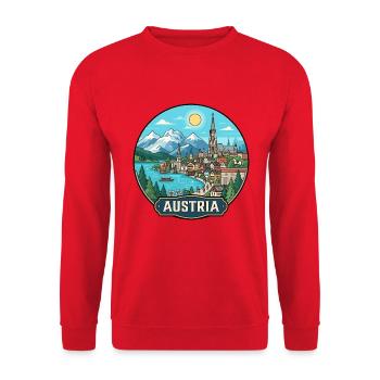 Austria Reiseabzeichen Hallstatt Alpen - Unisex Pullover - Rot - Vorne - Alina (178cm) & Michal (187cm)