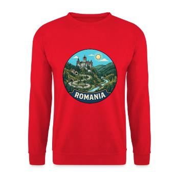 Rumänien Reiseabzeichen Bran Dracula Schloss - Unisex Pullover - Rot - Vorne - Alina (178cm) & Michal (187cm)