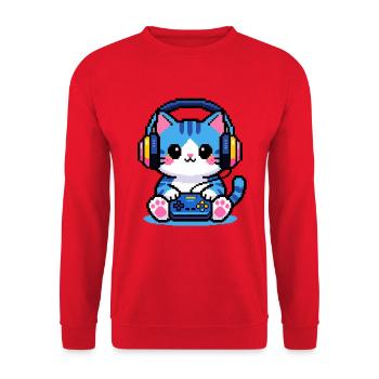 8-Bit Gamer Cat — Retro-Pixelkunst - Unisex Pullover - Rot - Vorne - Alina (178cm) & Michal (187cm)