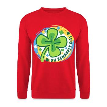 Glücksbringer - Glücksklee - Du schaffst das! - Unisex Pullover - Rot - Vorne - Alina (178cm) & Michal (187cm)