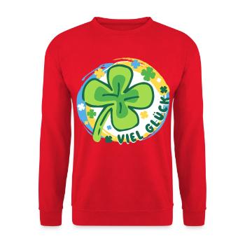 Viel Glück – Kleeblatt - bunter Glücksbringer - Unisex Pullover - Rot - Vorne - Alina (178cm) & Michal (187cm)