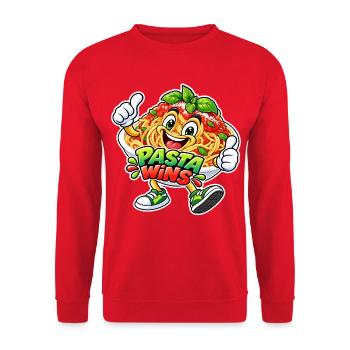 Pasta Wins Cartoon Motiv - Unisex Pullover - Rot - Vorne - Alina (178cm) & Michal (187cm)