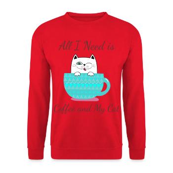Alles, was ich brauche: Kaffee und Katze - Unisex Pullover - Rot - Vorne - Alina (178cm) & Michal (187cm)