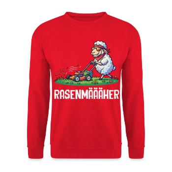 Rasenmäääher Schaf - Lustiger Garten Spruch - Unisex Pullover - Rot - Vorne - Alina (178cm) & Michal (187cm)