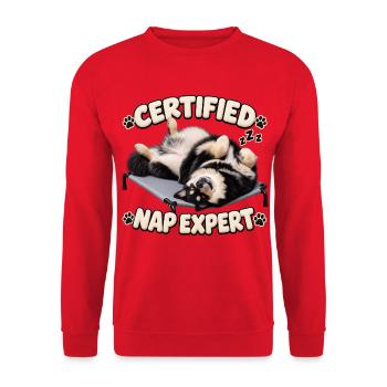 Zertifizierter Nickerchen-Experte – Finnischer Lapphund - Unisex Pullover - Rot - Vorne - Alina (178cm) & Michal (187cm)