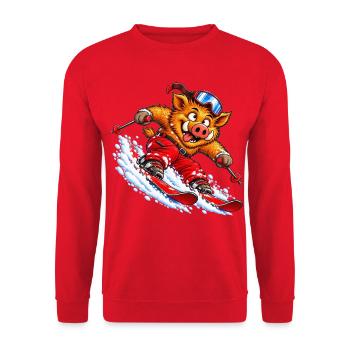 Pistensau - Lustiges skifahrendes Wildschwein - Unisex Pullover - Rot - Vorne - Alina (178cm) & Michal (187cm)