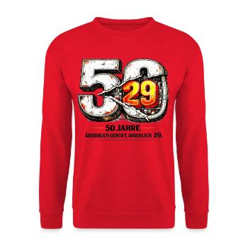 50 Jahre – äußerlich gereift, innerlich 29. - Unisex Pullover - Rot - Vorne - Alina (178cm) & Michal (187cm)