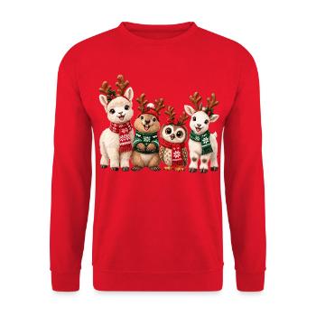 Lustige Weihnachtstiere mit Rentiergeweih - Unisex Pullover - Rot - Vorne - Alina (178cm) & Michal (187cm)