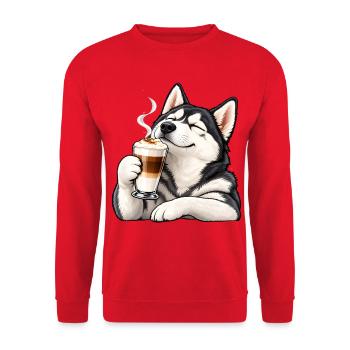 Husky mit Latte Macchiato – Kaffeepause - Unisex Pullover - Rot - Vorne - Alina (178cm) & Michal (187cm)