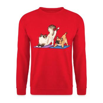 Frenchie & Ragdoll beim Yoga – Entspannung - Unisex Pullover - Rot - Vorne - Alina (178cm) & Michal (187cm)