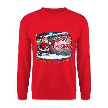 Weihnachtsmann Graffiti Merry Christmas Streetart - Unisex Pullover - Rot - Vorne - Alina (178cm) & Michal (187cm)