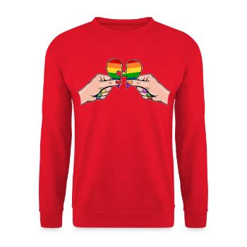 Frauenhände Herzpuzzle Regenbogen - Unisex Pullover - Rot - Vorne - Alina (178cm) & Michal (187cm)