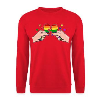 Frauenhände Herzpuzzle Regenbogen mit Herzen - Unisex Pullover - Rot - Vorne - Alina (178cm) & Michal (187cm)