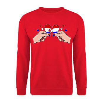 Holland Frauenhände Herzpuzzle - Unisex Pullover - Rot - Vorne - Alina (178cm) & Michal (187cm)