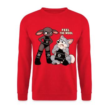 Schwarzes Schaf – Strickhumor – Fühl die Wolle - Unisex Pullover - Rot - Vorne - Alina (178cm) & Michal (187cm)