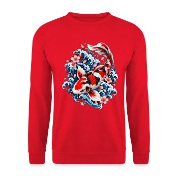 Japanische Koi zwischen Wellen und Blumen - Unisex Pullover - Rot - Vorne - Alina (178cm) & Michal (187cm)