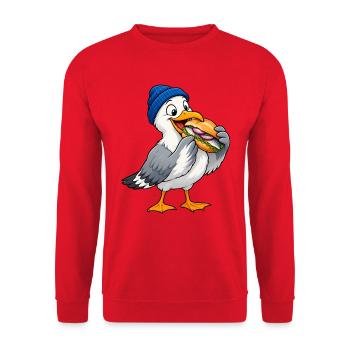 Möwe mit Beanie & Fischbrötchen – Küste - Unisex Pullover - Rot - Vorne - Alina (178cm) & Michal (187cm)