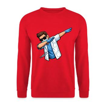 Dabbing Zahnarzt – Lustiges Dentalmotiv - Unisex Pullover - Rot - Vorne - Alina (178cm) & Michal (187cm)