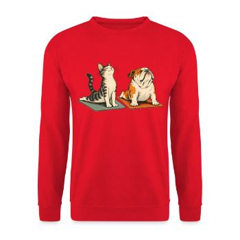 Bulldogge und Katze beim Yoga – Tierisches Duo - Unisex Pullover - Rot - Vorne - Alina (178cm) & Michal (187cm)