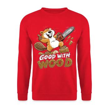 Biber Good With Wood Kettensäge Holzfäller Humor - Unisex Pullover - Rot - Vorne - Alina (178cm) & Michal (187cm)