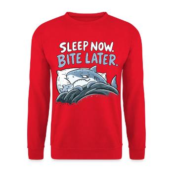 Sleep Now Bite Later Hai Schlaf Humor Haifamilie - Unisex Pullover - Rot - Vorne - Alina (178cm) & Michal (187cm)