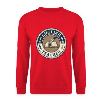 Vintage Englischlehrer-Hardcover-Buchdeckel mit Feder - Unisex Pullover - Rot - Vorne - Alina (178cm) & Michal (187cm)