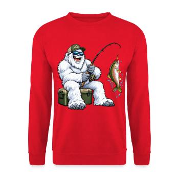 Fröhlicher Yeti beim Angeln – Lustiges Outdoor Mot - Unisex Pullover - Rot - Vorne - Alina (178cm) & Michal (187cm)