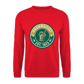 Vintage Apotheker-Mörser-Stößel Hygieia-Abzeichen - Unisex Pullover - Rot - Vorne - Alina (178cm) & Michal (187cm)