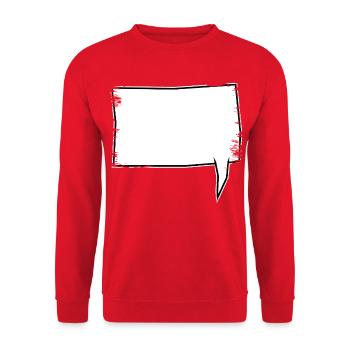 Eckige Sprechblase rechts in Weiß used look - Unisex Pullover - Rot - Vorne - Alina (178cm) & Michal (187cm)