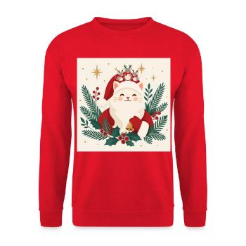 Katzensanta mit Rentierkranz und Mäusen - Unisex Pullover - Rot - Vorne - Alina (178cm) & Michal (187cm)